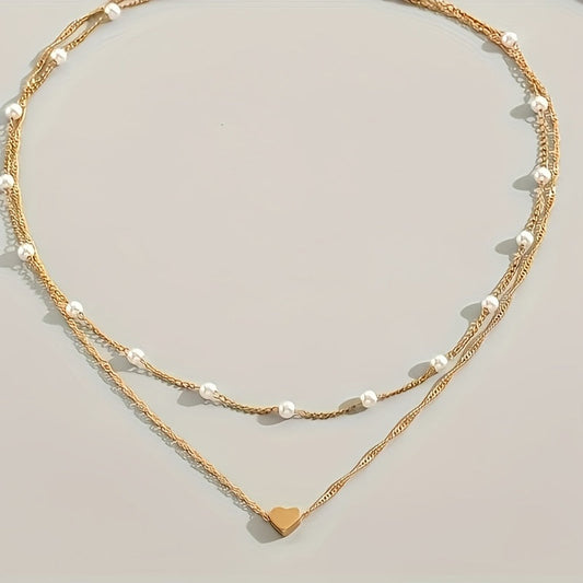 Double Necklace With Pearls And Heart Pendant
